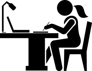 The modern working Woman at her desk, icon fully engaged with her laptop. Rendered in a clean silhouette style, the figure’s posture communicates concentration, discipline, and deep sense of purpose.