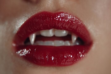 Fototapeta premium Close-up of a woman's mouth, wearing red lipstick and showing vampire fangs, perfect for halloween projects