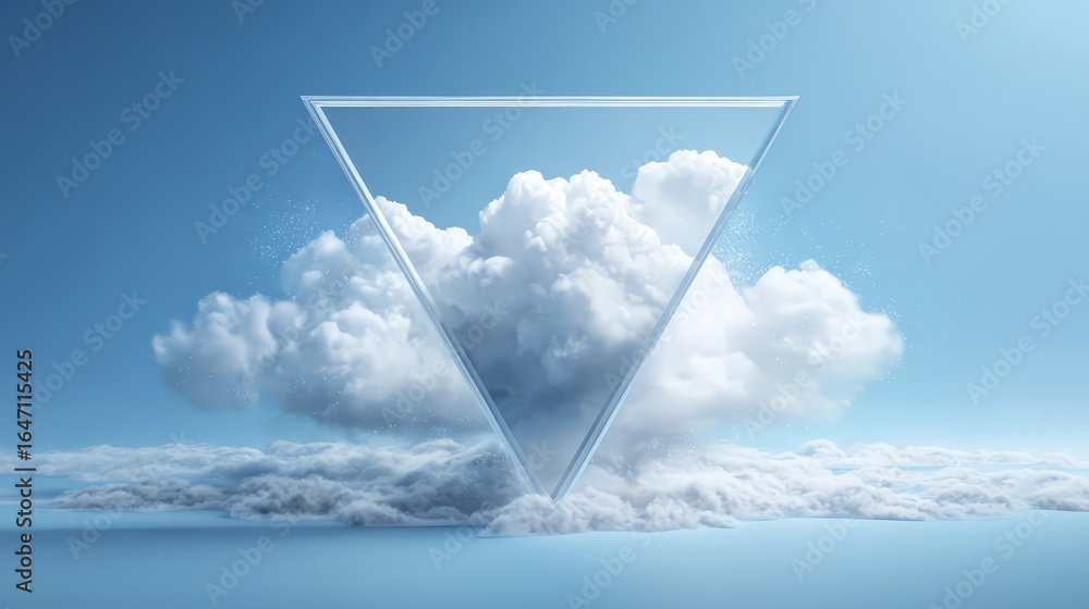 Poster a surreal image of a triangular frame floating amongst vibrant clouds in a blue sky.