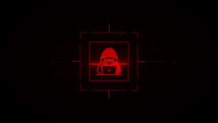 Red neon hacker icon with laptop inside targeting reticle on black background cybercrime computer image