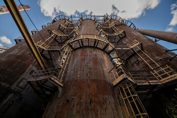 Abandoned Heavy Industrial Ruins with Large Blast Furnace in Steelworks