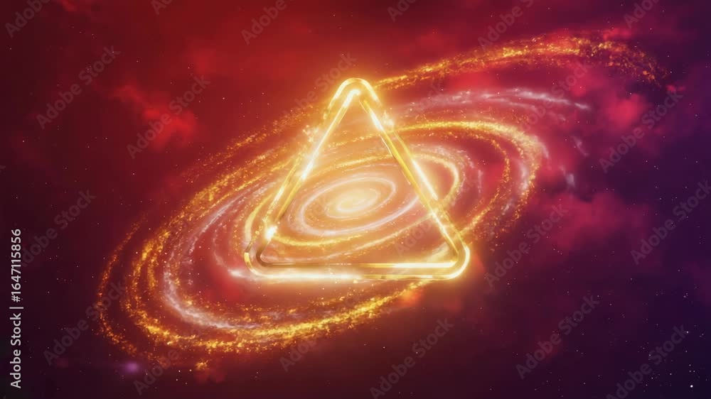 Poster golden triangular frame hovering in front of a swirling red and orange galaxy with bright lights and