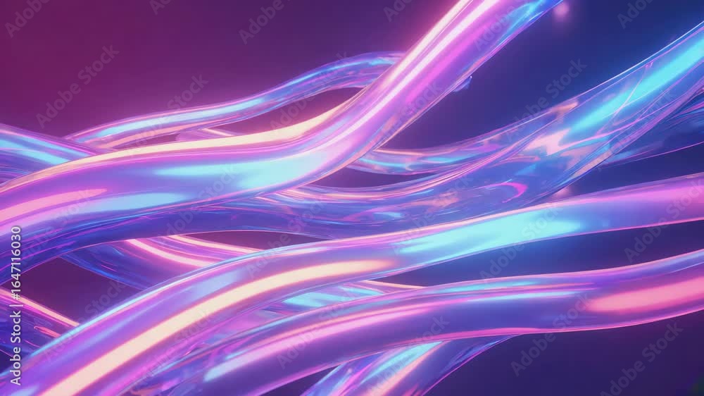 Poster intertwined neon tubes are glowing with an iridescent light, creating a mesmerizing abstract pattern