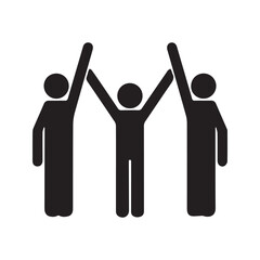 Team of three people celebrating success with arms raised icon. Symbol of victory, teamwork, and unity.
