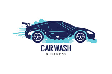 Fototapeta premium Car wash business logo with sporty car and bubbles, auto detailing vector