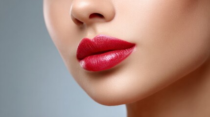Applying bold red lipstick halfway across bottom lip a beauty tutorial home setting makeup tutorial close-up view lip art concept
