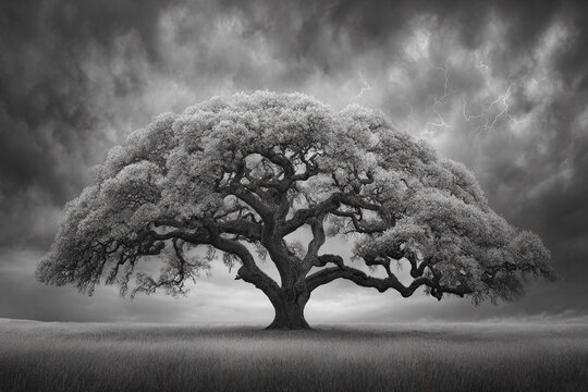 QUERCIA ANTICA SOLITARIA IN UN CAMPO, MONOCROMATICO