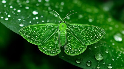 A vibrant green moth resting on a leaf adorned with water droplets, showcasing nature's beauty.
