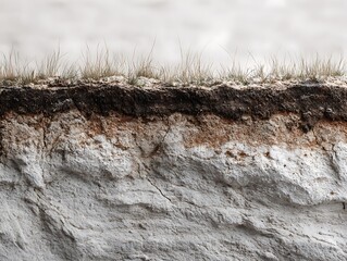 Fototapeta premium Cross-section of saline soil with visible surface salt crust, light grey and white compact layers beneath sparse halophyte roots