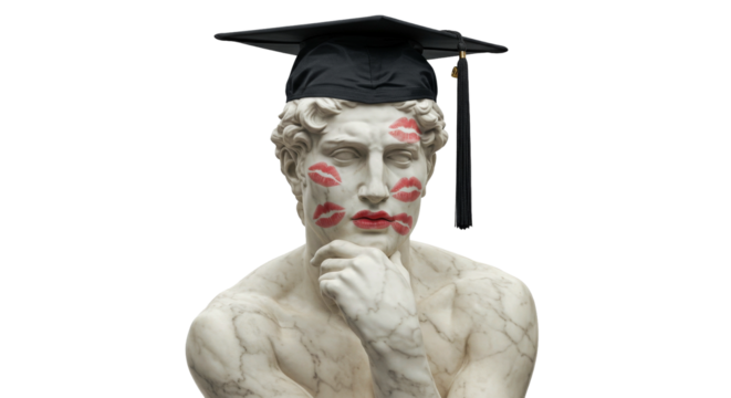 statue of a thinker with lipstick marks wearing a graduation cap png isolated on transparent background