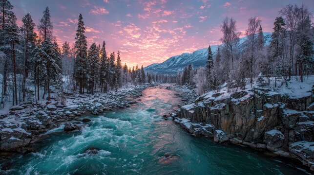Snowy river at dawn, vibrant colors