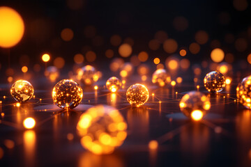 Golden Network Nodes Glowing Spheres Abstract Connection Concept