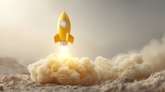 A vibrant yellow rocket lifts off amid clouds of smoke, symbolizing innovation and adventure.