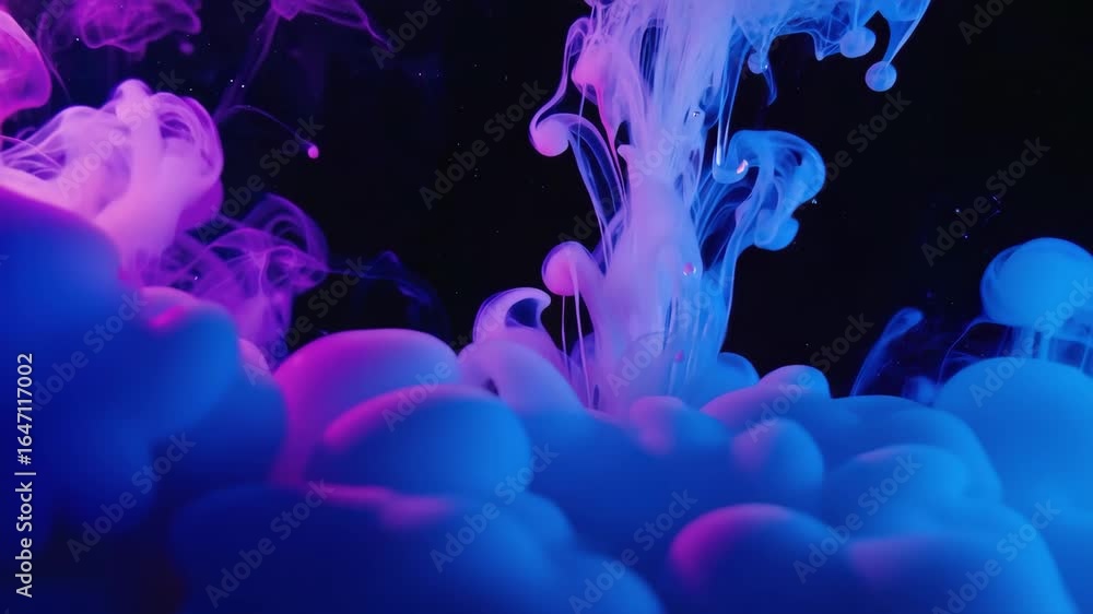 Poster pink and blue ink is swirling in water, creating a mesmerizing abstract visual with vibrant colors a
