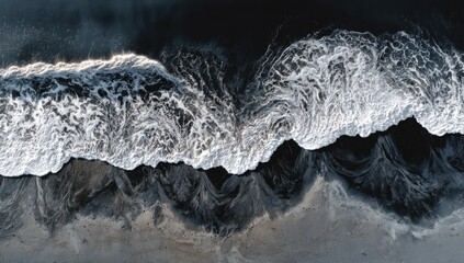 High-angle view of dark volcanic beach waves