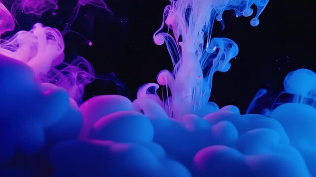 Pink and blue ink is swirling in water, creating a mesmerizing abstract visual with vibrant colors and intricate patterns against a dark background