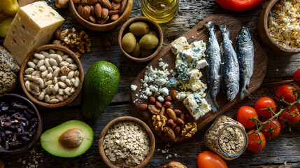 Mediterranean diet ingredients on a rustic table. Nutritious fish, nuts, cheese and avocado.