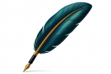 Teal feather quill pen with golden nib casting a subtle shadow, isolated on a transparent background, ready for writing or drawing