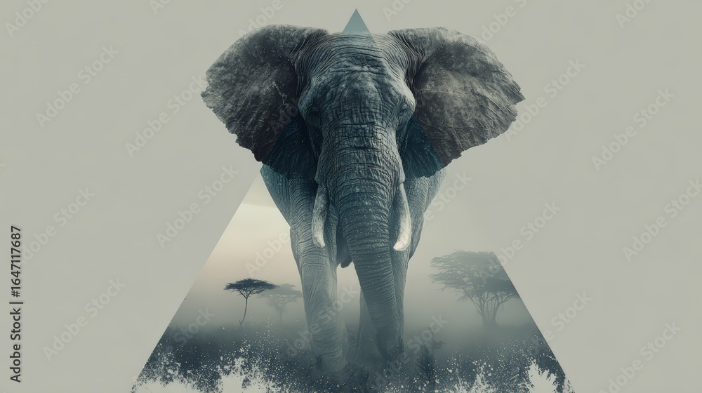 Poster An artistic representation of an elephant within a geometric triangle design.