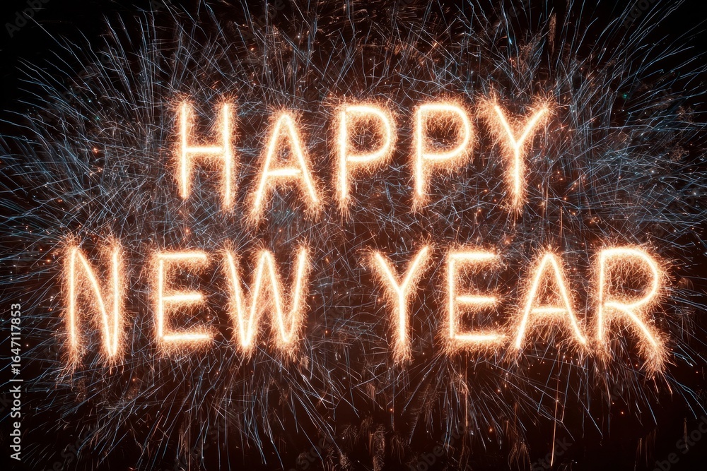 Poster bright sparks form the words happy new year against a backdrop of exploding fireworks