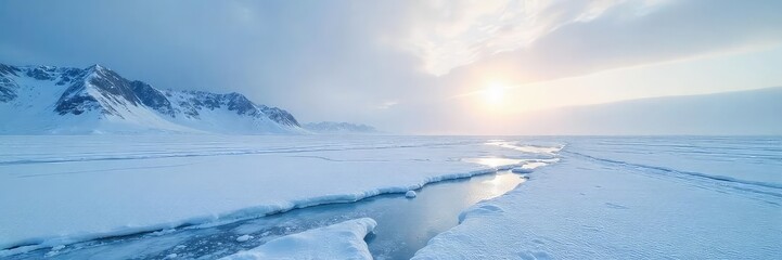 Fototapeta premium A stark, icy landscape stretches to a frozen horizon under a pale, winter sun Perfect for themes of isolation, coldness, and the harsh beauty of nature's extremes , cold, desolate