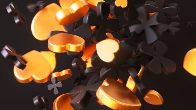 Golden hearts and matte black four-leaf clovers swirl in dynamic motion against a dark backdrop, evoking slot machine reels and gambling themes. Ideal for igaming, casino branding, jackpot promotions