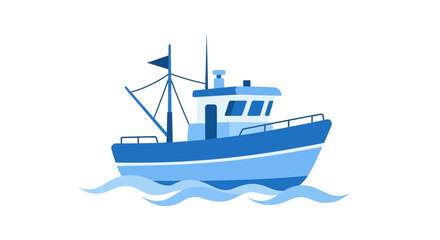 Stylized illustration of fishing boat sailing on the ocean waves, flat design