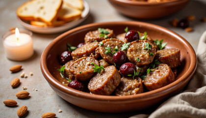 Savory meatballs with grapes and herbs served in a rustic dish  