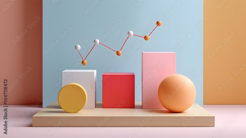 Poster abstract geometric shapes with rising graph lines on a soft pastel background in modern design