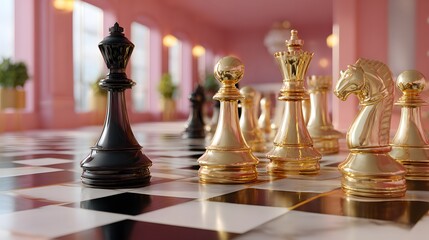 Elegant Black and Gold Chess Pieces on a Checkerboard in a Modern Pink Interior Space