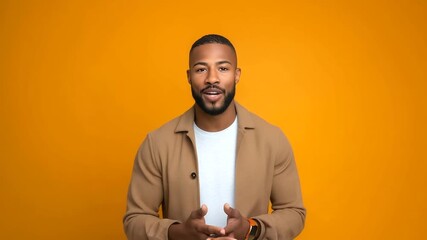 backlit by a bold orange background, business casual attire and an energetic smile that radiates positivity