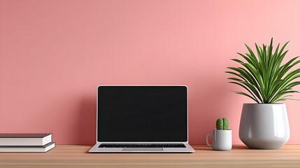 Minimalist Workspace with Laptop and Green Plant in a Soft Pink Room Setting