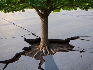 Tree growing through cracked asphalt symbolizing resilience and nature's power