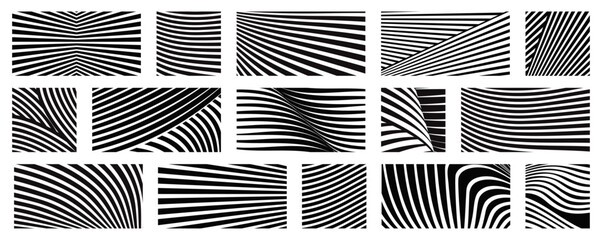 Wavy and striped geometric patterns, collection of an abstract bold curved lines vector illustration.