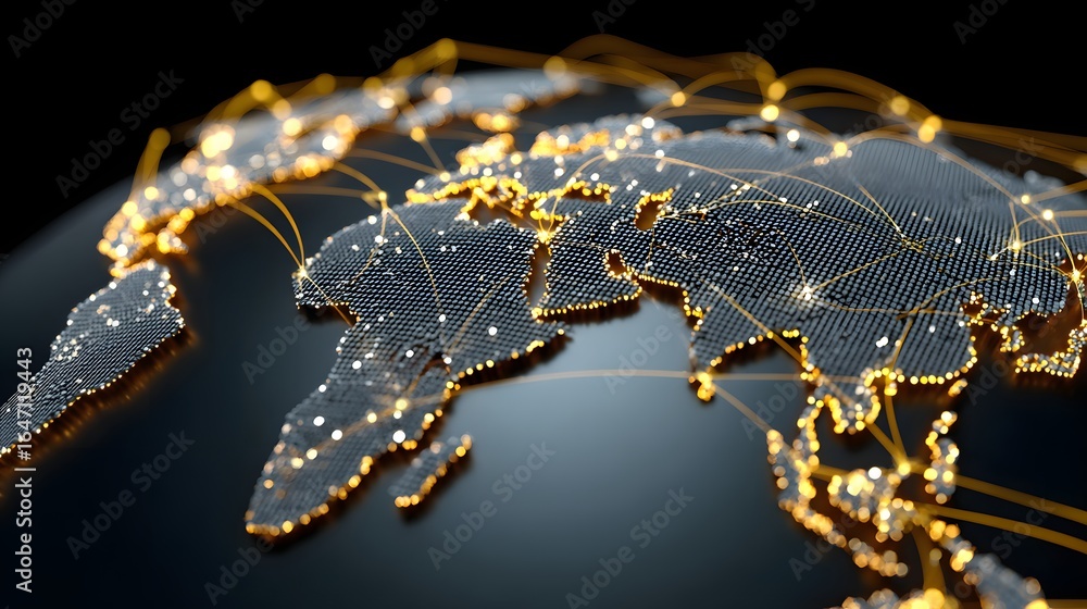 Poster digital world map illustration featuring global network connections and data flow visualization
