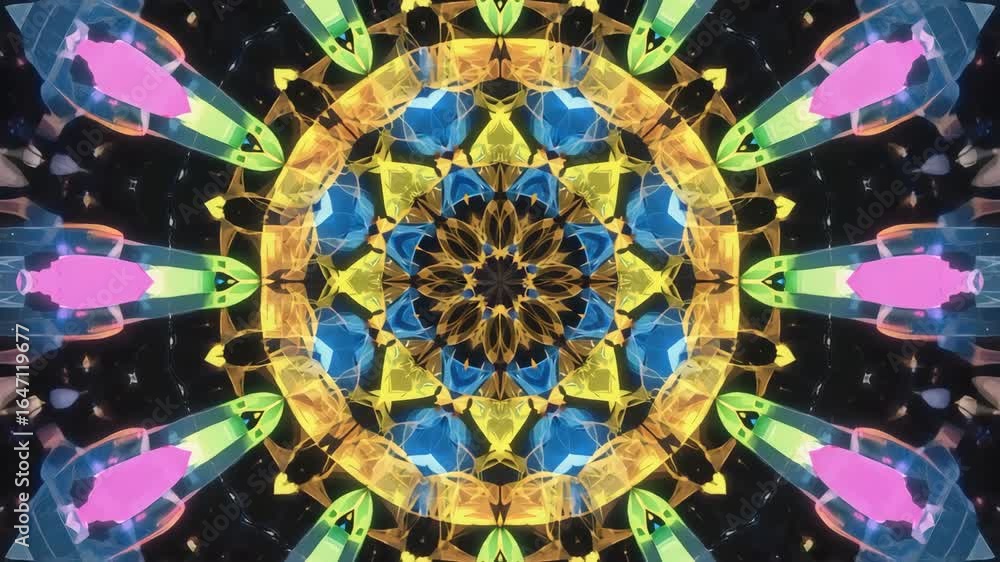 Poster vibrant, symmetrical kaleidoscope pattern featuring intricate details and a mesmerizing array of col