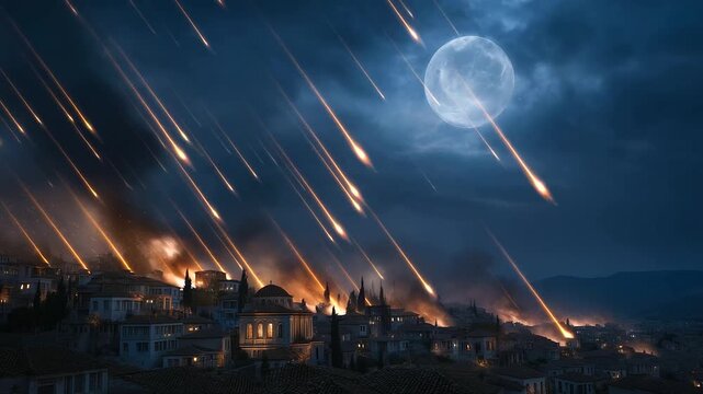 End-of-world scene with meteors destroying a European-style town, glowing embers in the air ai