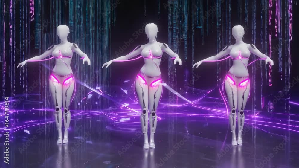 Poster three female robots are performing a synchronized dance routine in a virtual environment, illuminate