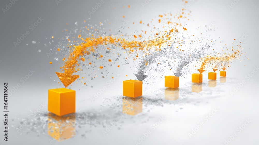 Poster dynamic abstract design with colorful arrows and cubes illustrating movement and progress.
