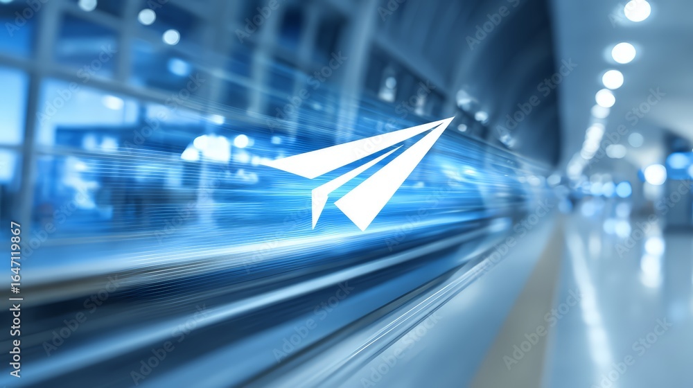 Poster dynamic abstract design featuring a paper airplane symbol in a futuristic setting.