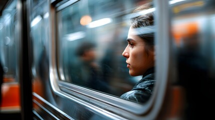 Thoughtful Young Person Looking Out of Subway Window During Evening Commute in Urban Landscape