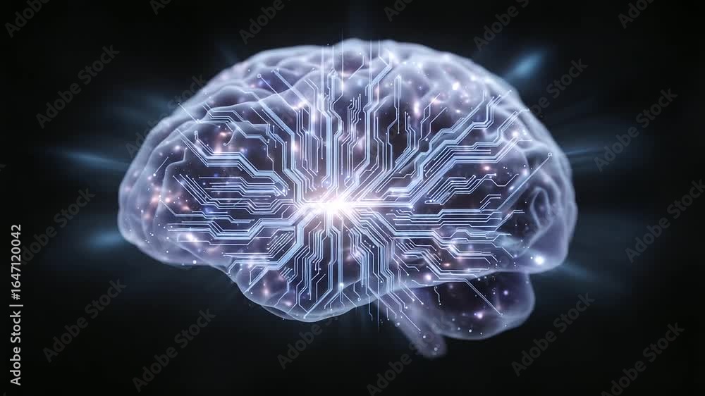 Poster futuristic digital brain with neural network connections, data flowing through circuits