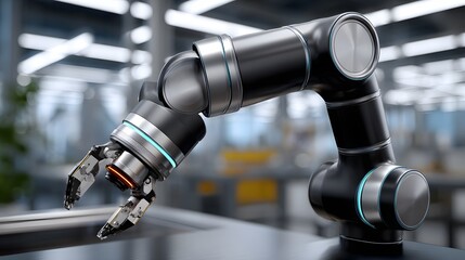 Advanced Robotic Arm Manipulating Objects in a Modern Industrial Workspace with Futuristic Design