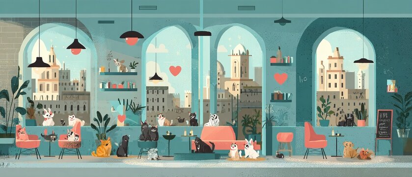 ILLUSTRAZIONE DI UN CAFF&Egrave; PER ANIMALI DOMESTICI IN STILE ANIME CON VISTA PANORAMICA SULLA CITT&Agrave;