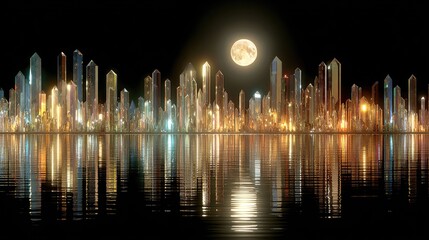 Crystal city skyline at night, moonlit reflection