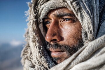 Close-up of bedouin man wearing traditional headdress, conveying sense of culture and resilience in arid environment