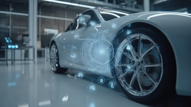 Futuristic car with digital interface showcasing advanced vehicle technology.