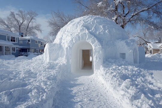 Impressive igloo built with snow in a residential area after a heavy snowfall