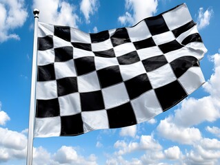 Checkered flag waves proudly against a blue sky during a motorsport event in the afternoon