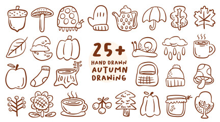 Autumn Italian Hand Drawn Illustration Collection. Acorn, Leaves, Foliage, Pumpkin. For Decor, Print, Poster, Pattern.